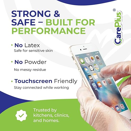 CARE PLUS Vinyl Gloves Clear Small Size 100 Count | Heavy Duty, Non-Sterile, Powder-Free, Latex-Free Rubber | Food Prep, Kitchen & Cleaning Gloves, Ideal for Professional Use