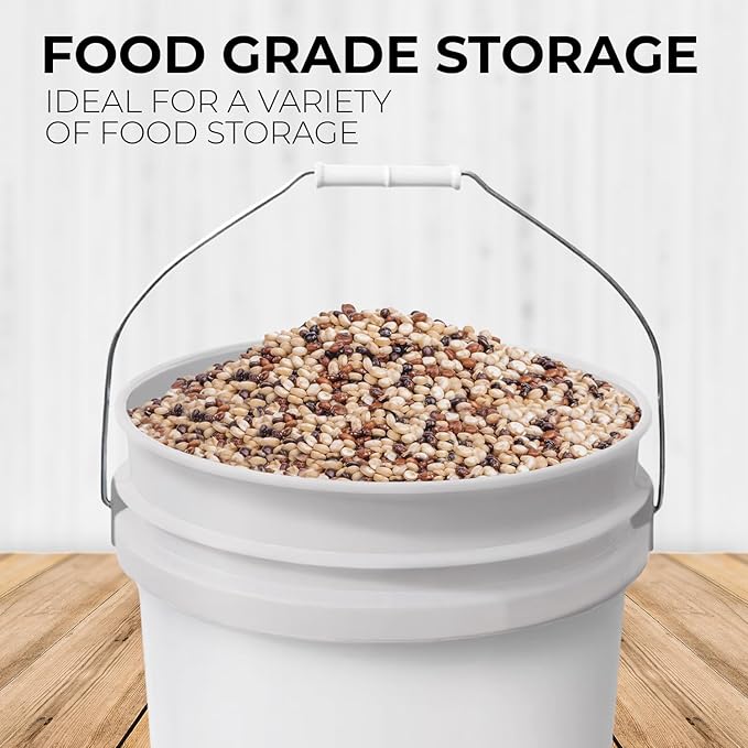 6.5-Gallon White Bucket Pail Container with Lid | Food Grade | Heavy-Duty 90MIL Extra Durable | Metal Handles with Plastic Grip for Easy Carrying | Multi-Use | Easy Stack and Store | BPA Free - 2 Pack