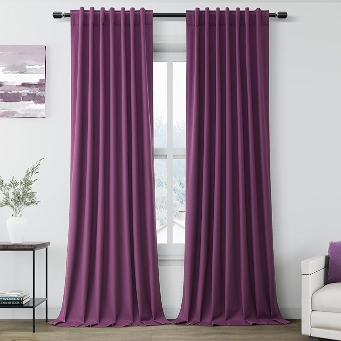 Purple Linen 100% Black Out Curtains 108 Inches Long 2 Panels Set for Bedroom Boho Farmhouse Back Tab Thermal Insulated Energy Efficient Room Darkening Curtains Living Room High Ceiling Length 9 FT