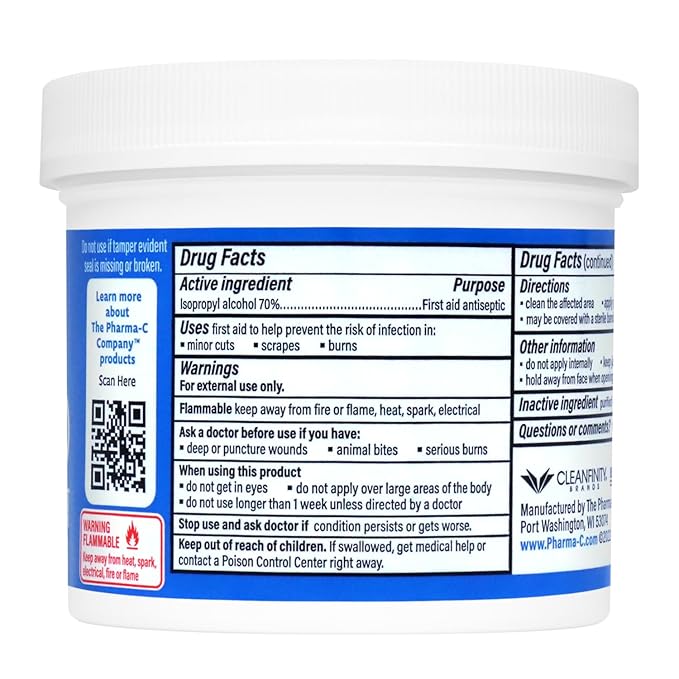 The Pharma-C Company - 70% Isopropyl Alcohol Pads [12-100ct jars]. First Aid - Bulk Antiseptic Wipes - Extra Large Pads - for minor cuts, scrapes and burns.