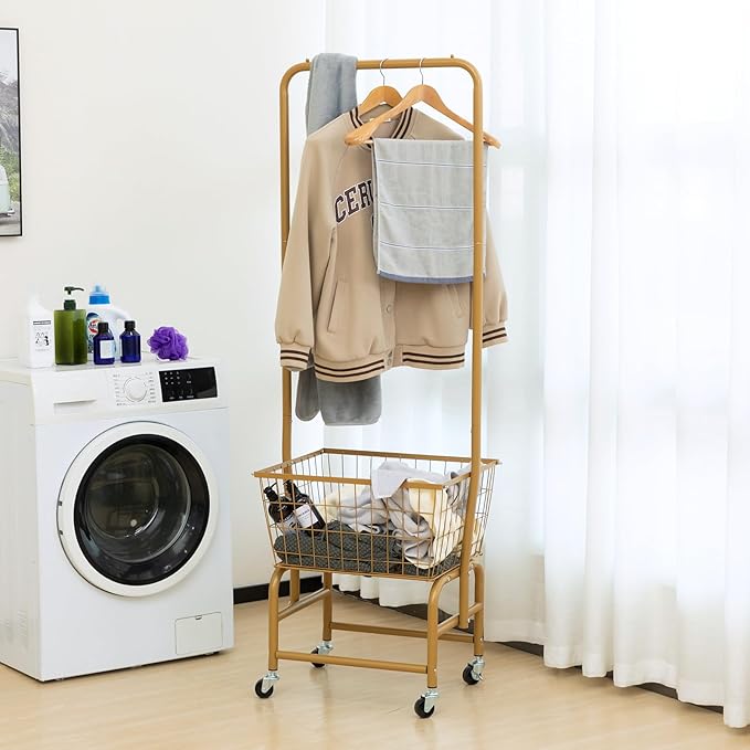 ALIMORDEN Laundry Cart with Clothes Rack, Rolling Laundry Butler with Wire Storage Rack，Gold