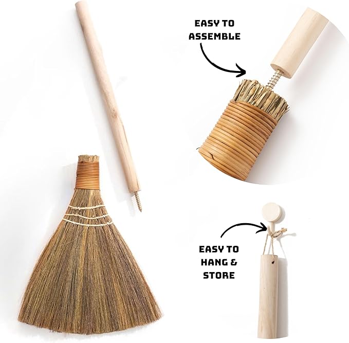 Handmade Vietnamese Straw Broom, Single Handle – Free Halloween Decoration Set, Witch Broom for Costume, Haunted House & Indoor Decor, Soft Grass Whisk Broom for Sweeping or Display