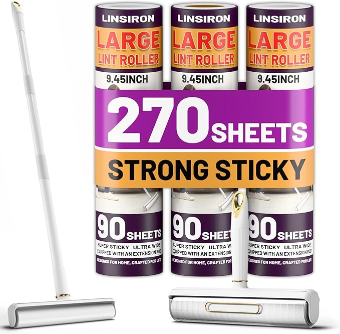 LINSIRON Large Lint Roller Pet Hair Remover 270 Adhesive Sheets Rollers 9.45 Extra Sticky Dog Cat Adjustable Handle 7.9-47.6 Inch, 3 Replaceable Rolls 90 Sheets Each, 3 Extension Rods for 4 Heights﻿