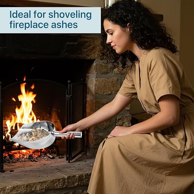 Worldity 2 Pcs 14.17 in Stainless Steel Fireplace Shovel, 35-Ounce Heat Resistant Silver BBQ Grill Ash Shovels, Heavy Duty Ash Shovel for Fireplace, Garden, Barbecue Coal
