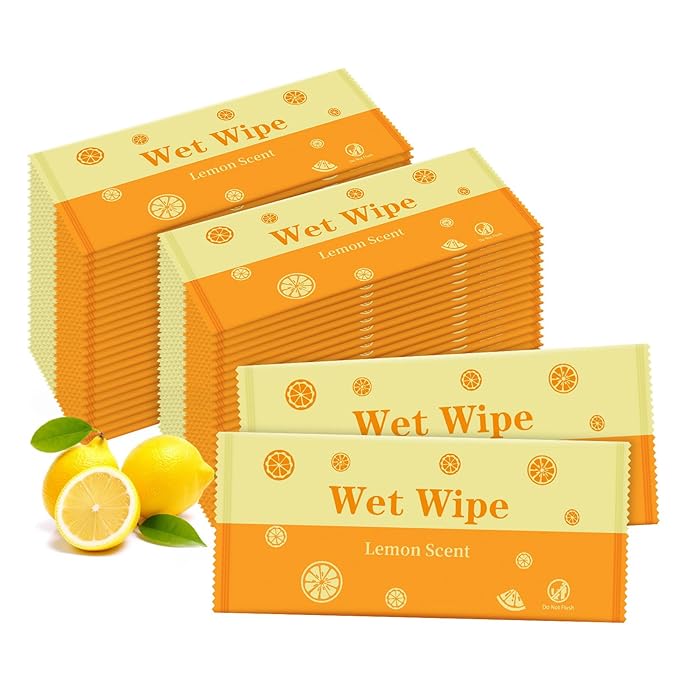 Hand Wipes Travel Size, 300 Pcs Wet Wipes Individually Wrapped for Barbecue, Seafood Boil Party, Restaurant, Lemon Scent