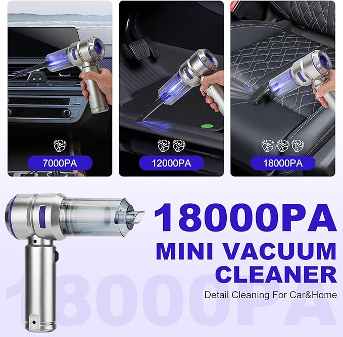 TianJQiS Handheld Car Vacuum Portable Cordless - 18000PA High Power with Brushless Motor, 4-in-1 Air Duster, Blower, Pump & Rechargeable Mini Vacuum for Car, Home, Office (Silver Grey+Blue)