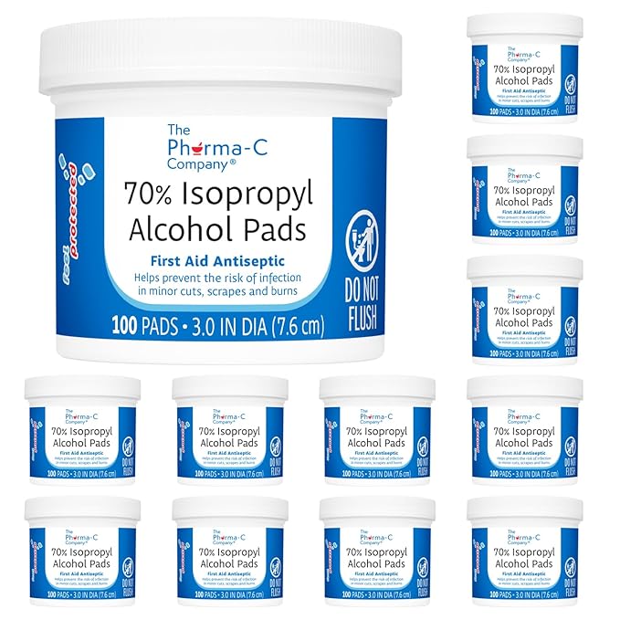 The Pharma-C Company - 70% Isopropyl Alcohol Pads [12-100ct jars]. First Aid - Bulk Antiseptic Wipes - Extra Large Pads - for minor cuts, scrapes and burns.