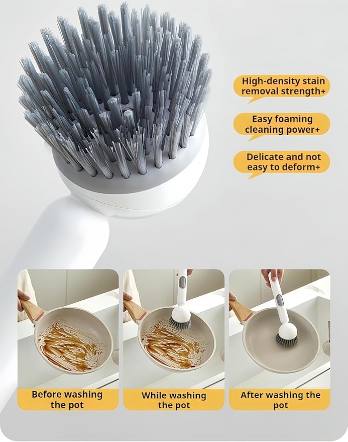 Adjustable Dish Brush with Soap Dispenser, Non-Scratch PET Bristles, Ergonomic Handle, Kitchen Cleaning Tool for Pots, Pans & Sink (Grey, Short Style-1 Piece)