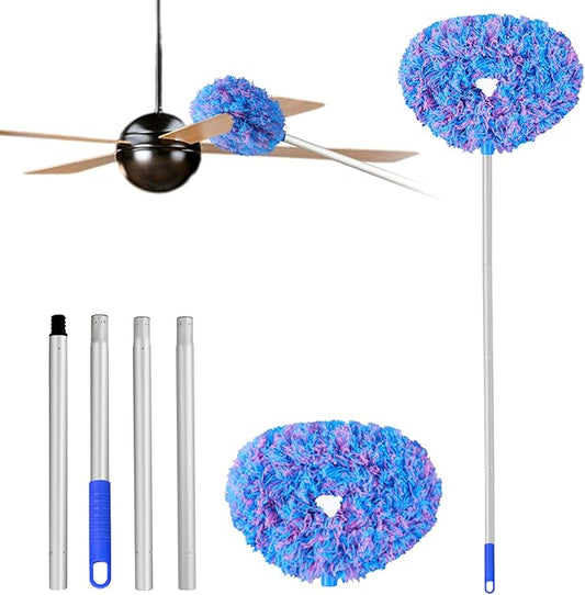 Heonay Ceiling Fan Cleaner Duster Reusable Microfiber Ceiling Fan Blade Cleaner Removable Duster with Extension Pole Adjusts 13 to 49.7 Inch for Cleaning Walls Furniture Door Window Top (Blue Pink)