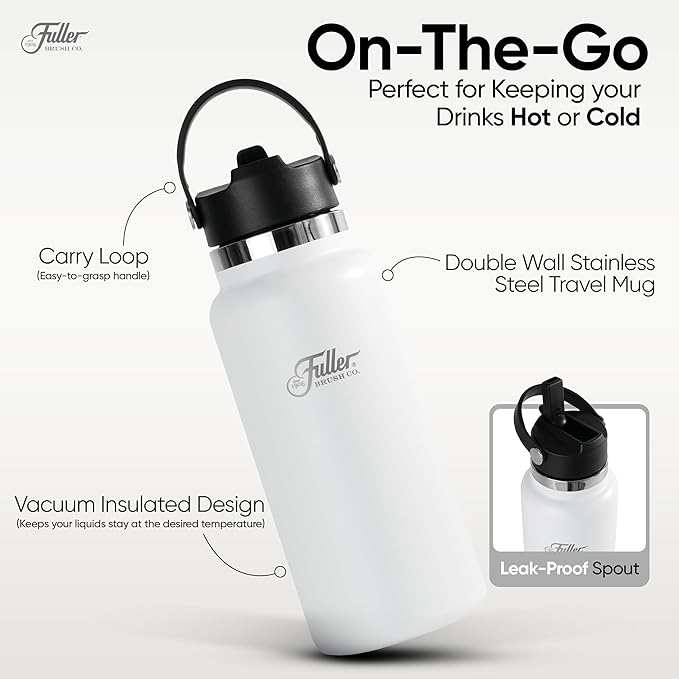 Fuller Stainless Steel Water Bottle with Straw Lid – BPA-Free, Sweat-Proof, Leak-Proof Travel Mug – Double Wall Insulated for Hot & Cold Drinks – Carry Handle (White, 32 Oz.)