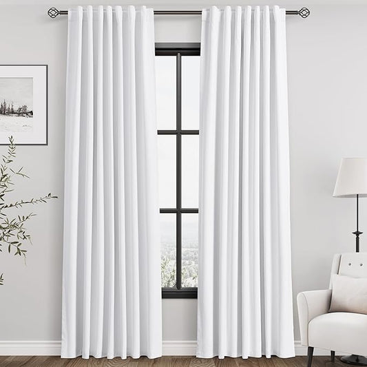 Full Blackout Linen White Curtains 90 Inches Long for Living Room, Patio Sliding Door Back Tab 100% Black Out Bedroom Curtains Pure White Boho Elegant Modern Cosatal Window Curtain Panels Set of 2