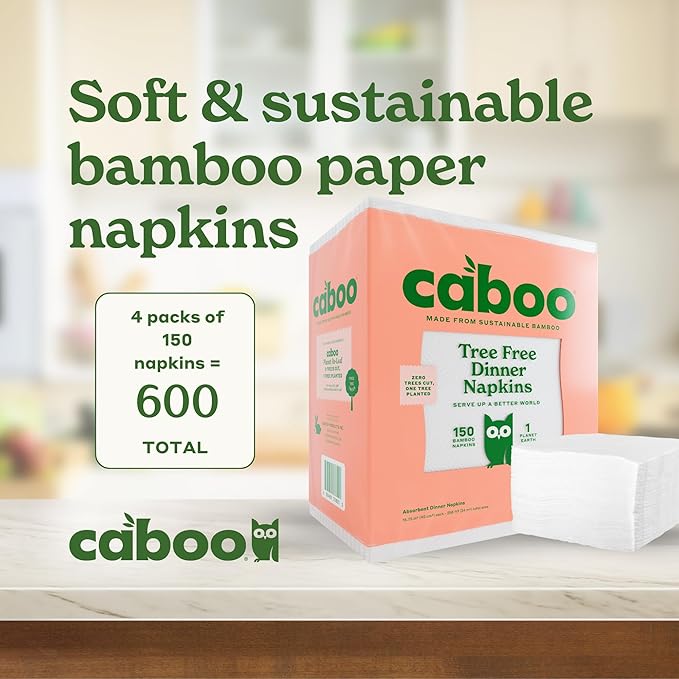 Caboo Tree Free Dinner Napkins - 4 Packs of 150, 600 Total Paper Napkins, Sustainable and Disposable White Napkin