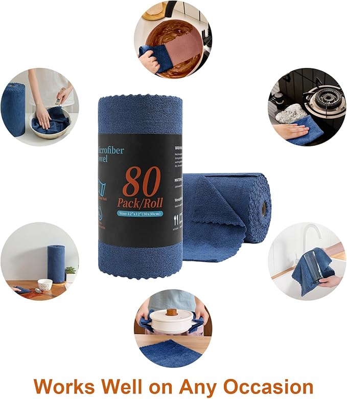 Tigona 80 Pack Microfiber Cleaning Cloth Roll,Lint Free Rags & Tear Away Reusable Towels Washable Scratch,Ultra Absorbent Dish Rags(12" x 12") for Car Kitchen Home Garage-Navy Blue