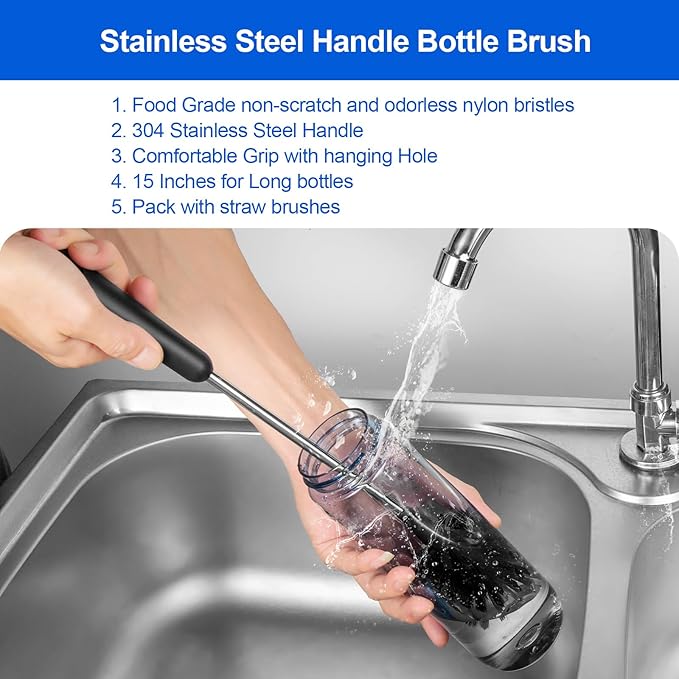 SweeBe 3 Pack Bottle Brush Set, Long Handle Baby Bottle Brush Cleaner with Straw Brush and Lid Brush, Water Bottle Scrubber, Kitchen Scrub Cleaning Brushes for Cups, Coffee Mugs, Tumblers, Thermos
