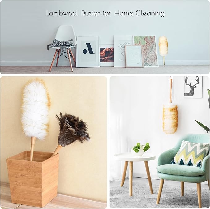 Lambs Wool Duster for Cleaning Window Blinds Computer Furniture TV Computer Screens Bookshelves Solid Wooden Handle Natural Feather Duster,26'', Yellow&White