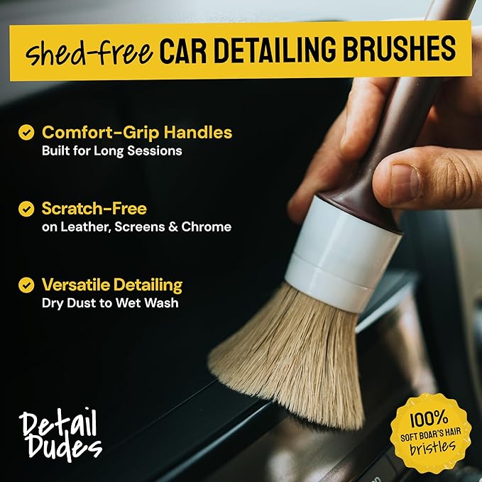 Detail Dudes Soft Boar Hair Car Detailing Brush Set - 6-Pack - Scratch-Free Soft Bristle Cleaning Brushes - Reaches Tight Spots & Interior Car Cleaning Kit - Ergonomic & Durable Detailing Supplies