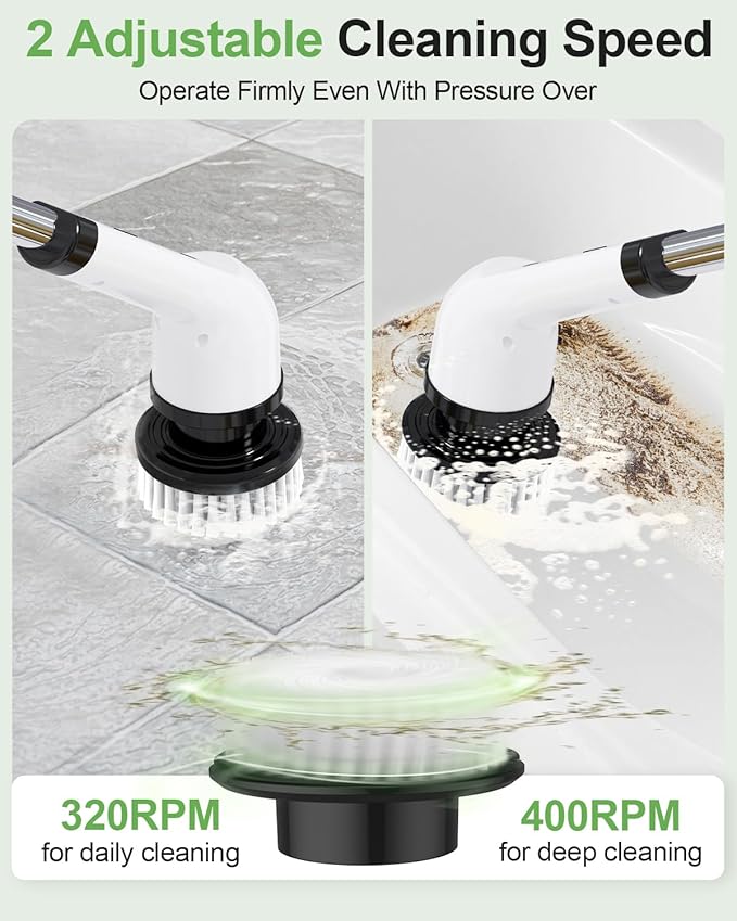 Electric Spin Scrubber, Cordless Cleaning Brush, Shower Scrubber with 9 Brush Heads 2H Power Dual Speed, Adjustable Extension Handle, IPX7 Waterproof for Tub Tile Floor Car, O-White.