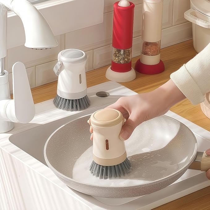 Adjustable Dish Brush with Soap Dispenser, Non-Scratch PET Bristles, Ergonomic Handle, Kitchen Cleaning Tool for Pots, Pans & Sink (Grey, Short Style-1 Piece)