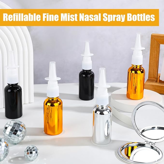 20 Pcs Nasal Spray Bottle, 30ML/1OZ 12 Pcs Bright Plating Gold Silvery Black Empty Refillable Glass Nose Spray Bottle with 4 Pcs Funnels and 4 Pcs Labels