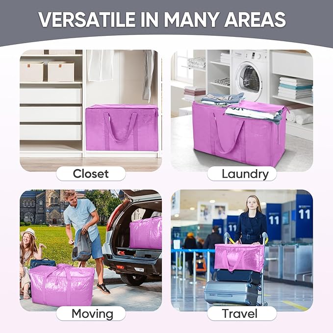 TICONN 8 Pack Extra Large Moving Bags with Zippers & Carrying Handles, Heavy-Duty Storage Tote Moving Boxes for Space Saving (8 Pack, Pink)