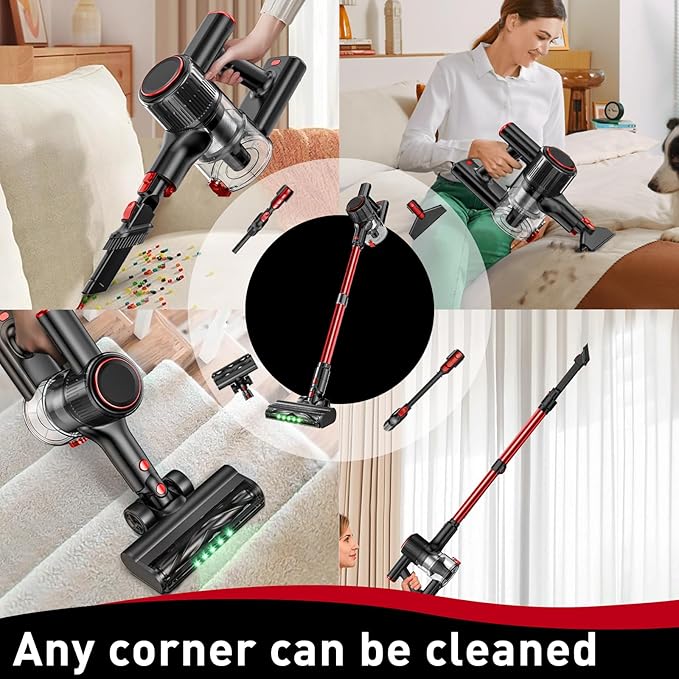 OUYFHK Cordless Vacuum Cleaner, 45KPA 8-in-1 Vacuum Cleaners for Home, 50Mins Runtime, Anti-Tangle Stick Vacuum with LED Display, Rechargeable Lightweight Vacuum for Pet Hair/Carpet/Floor (Red)