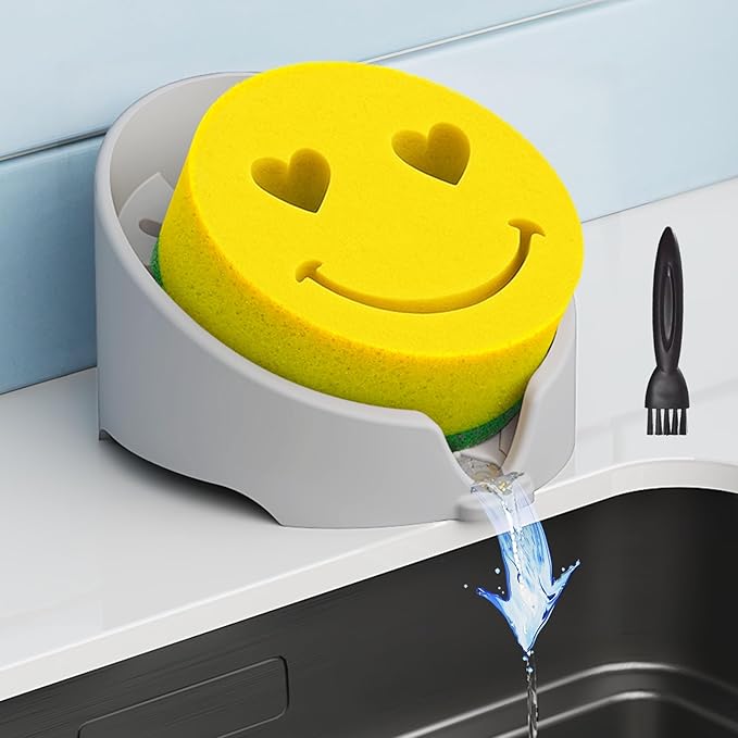 NiHome Silicone Sponge Holder Compatible with Scrub Daddy Mommy Sponges for Kitchen & Bathroom, Auto Draining Organizer, Holds Multiple Sponges & Cleaning Tools, Food-Grade, Dishwasher Safe (Gray)