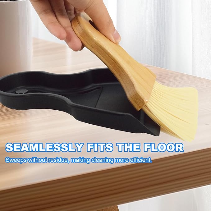 BSMstone Mini Broom and Dustpan Set Portable Hand Broom with Bamboo Handle Small Crumb Sweeper for Home, Bathroom, Kitchen, Car Interior, Office, Pet Areas (Black)