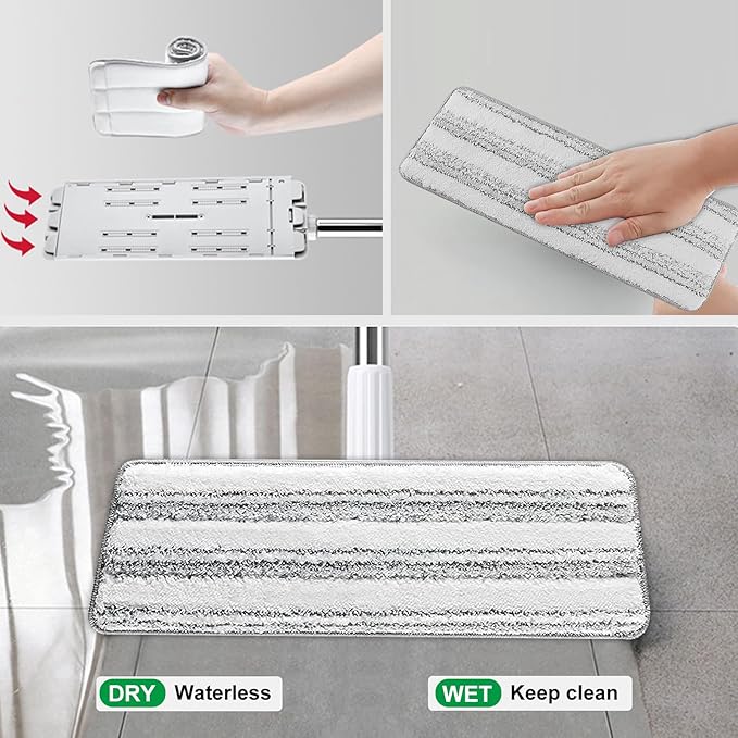 Flat Mop Pads, 5 Pack 13" X 4.9" Flat Mop Microfiber Mop Head/Refill/Pad, Washable Squeeze Cleaning Mop Pads Replacement Heads - White and Grey…