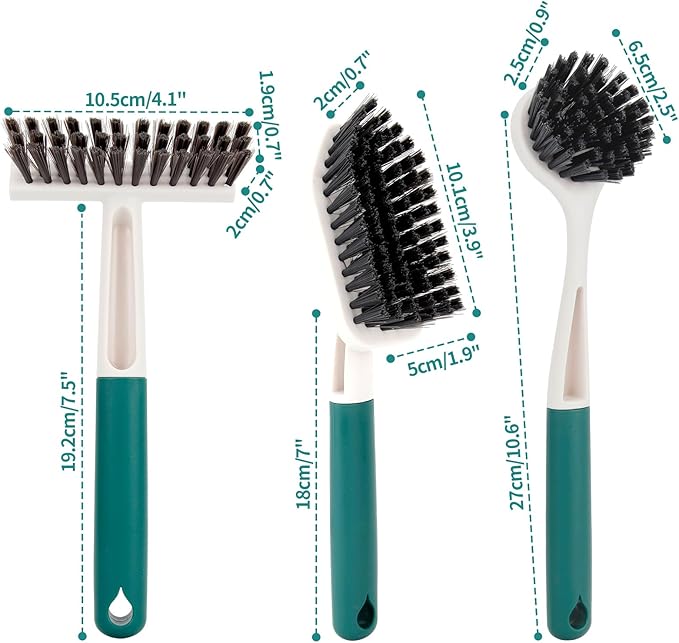 Xicennego 3 Pack Kitchen Cleaning Brush Set,1 Pot and Dish Cleaning Brush with Long Handle,1 Kitchen and Bathroom Brush with Scraper Strip, 1 Hard-Bristled Brush for Sink, Countertops, Tiles（Green