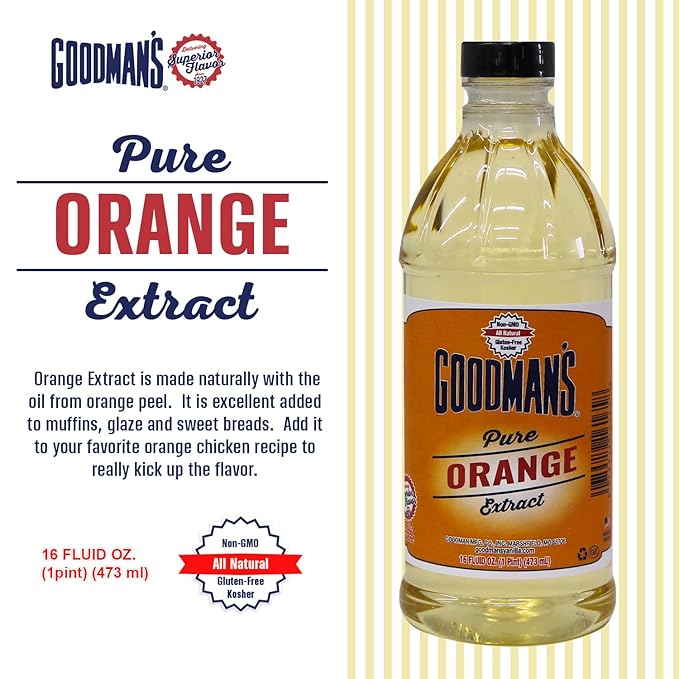 Goodman's Pure Orange Extract - Gluten-Free, Non-GMO, Kosher, Natural, Low Carb & Low Calorie, No Artificial Color, No Animal Products, No Sugar - Zesty Fresh Flavor for Baking & Cooking - 1 Pint