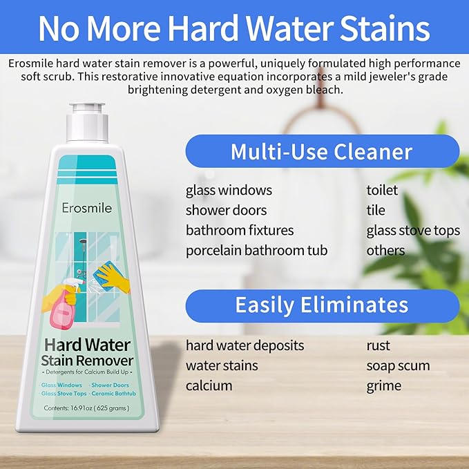 EROSMILE Hard Water Stain Remover, Shower Glass & Shower Door Cleaner, Removes Calcium Build Up for Toilet Bowl & All Household Cleaner -16.91oz