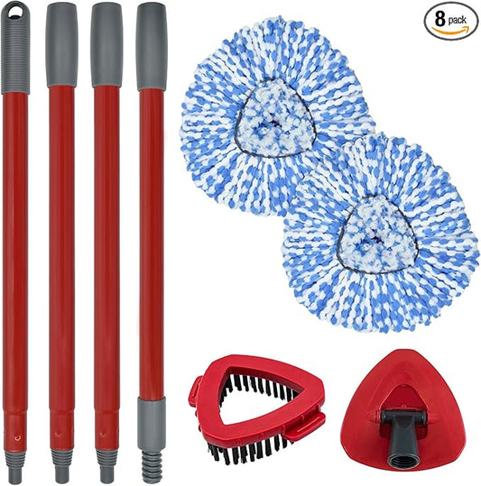 Mop Replace Head Mop Handle for O Cedar Mop, Mop Replacement for Ocedar Spin Mop Includes 2 Mop Heads Replacements 4-Section Mop Handle 1 Mop Base 1 Scrubber Mop Head for O-Cedar Spin Mop