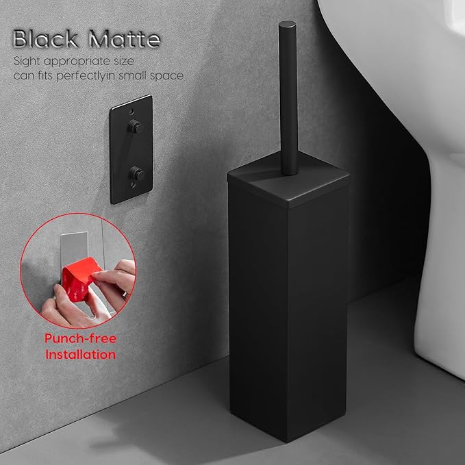 JOVYXIE Black Stainless Steel Square Toilet Brush with Metal Lid Dual-Use Toilet Brush Holder with Drilled + Drill-Free Hook Base Includes Removable Inner Bucket (Black)