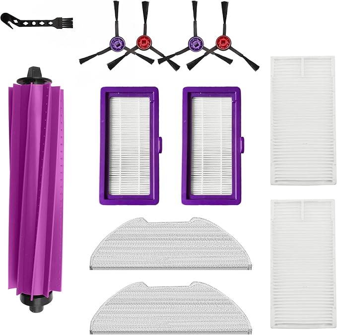 Replacement Accessories for Eureka E20 Plus Robot Vacuum,1Rubber Main Brush,2Mop Pads,2Filters,2Base station filter,4Side Brush.