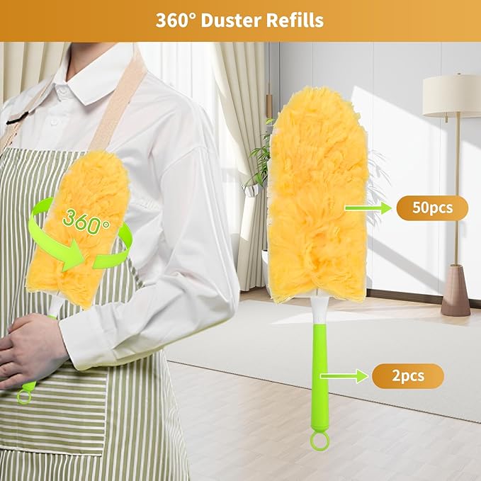 50 Pack Duster Refill for Swiffer Duster, 360 Heavy Duty Duster Kit with 2 Handle, Multi-Surface Disposable Dusters Refills for Cleaning Corner, Furniture, Car, Blinds