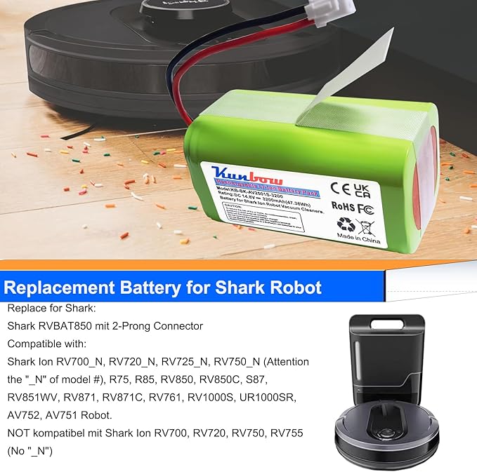 3200mAh Replacement Shark RVBAT850 Battery for Shark Ion R75, R85, RV850, S87, AV752, AV751, RV761, RV851WV, RV871, RV1000S, RV1100VL, RV101AE, Shark AI Robot PRO RV2001WD, AV2501S vacuum cleaners.