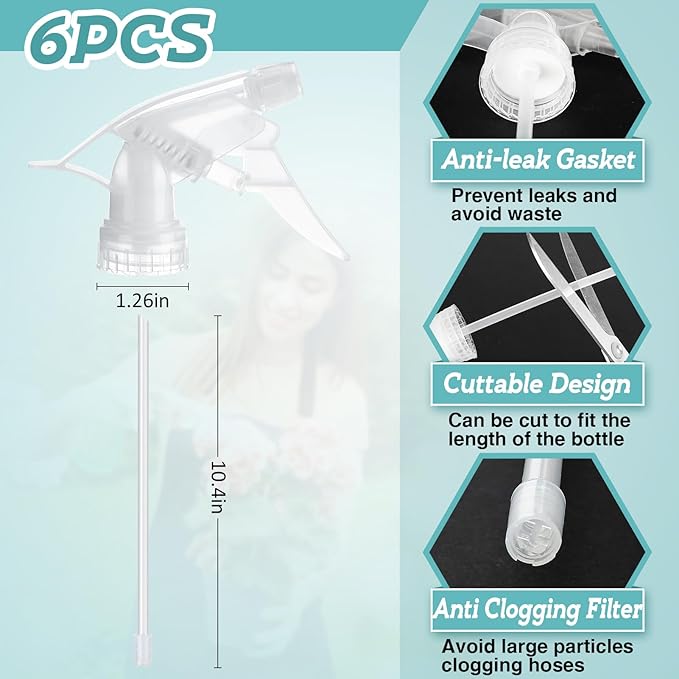 6Pcs Clear Spray Bottle Replacement Nozzle- Reusable Quality Trigger Spray Nozzles with Mist Stream Sprayer, Fit Standard 28/400 Neck 32oz, 16oz, 8oz Bottles for Garden Home Kitchen Office Gifts
