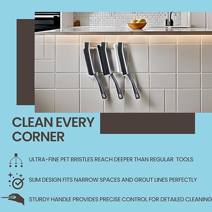 Hard Bristle Crevice Cleaning Brush - Small Scrub Brush for Toilet, Grout, Shower Tile, and Narrow Gaps - Durable Grout Brush with PET Bristles, Ergonomic Handle, Easy Storage - 3 Pack