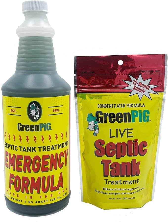 GREEN PIG Drain Field Cleaner, Septic Safe Drain Clog Remover, Treatment for Quickly Clearing Leach Field System Clogs, Back-Ups, and Foul Odors in Septic Tank Systems, Emergency Formula, 1 Quart