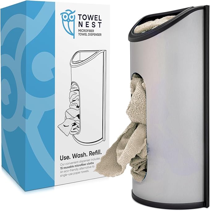 TowelNest Microfiber Cloth Dispenser | 15 Reusable Cloths (Beige) | Eco-Friendly Paper Towel Alternative | Absorbent & Washable | Wall/Cabinet Mount (3M Adhesive & Screws Included)
