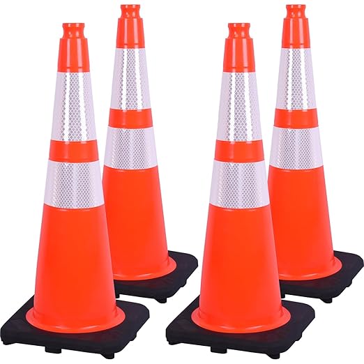 Fluorescent Orange PVC Traffic Cones, Heavy-Duty Black Base Garage Parking Lot Cone Structurally Stable Weatherproof Road Construction Safety Cones (4, Orange, 28" Large)
