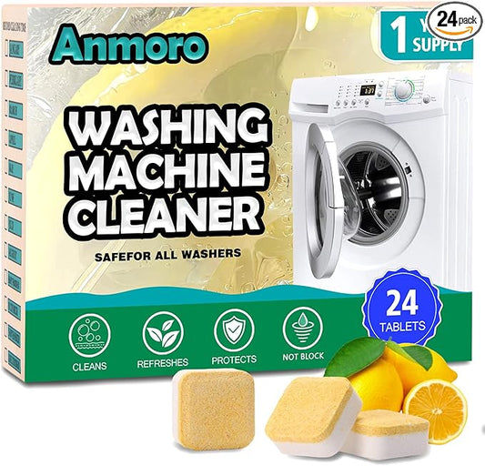 Anmoro Washing Machine Cleaner Tablets,24 Pack Deep Cleaning Tablets for HE,Front & Top Load Washers - Eliminates Odor-Causing Buildup,Debris from the Drum,and Pet Hair,Septic Safe - 1 Year Supply