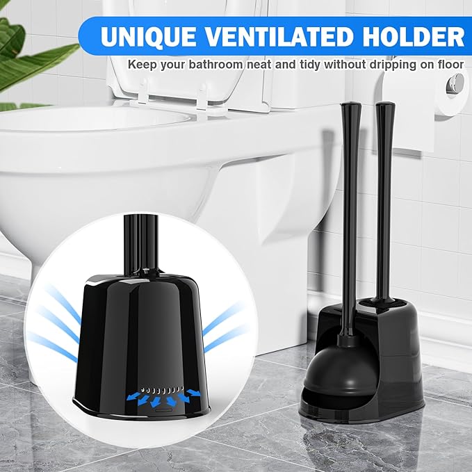 Toilet Plunger and Brush Set,2 Pack Bowl Brush and Heavy Duty Toilet Brush with Ventilated Holder, 2-in-1 Toilet Brush and Plunger Combo for Bathroom Deeply Cleaning（Black）