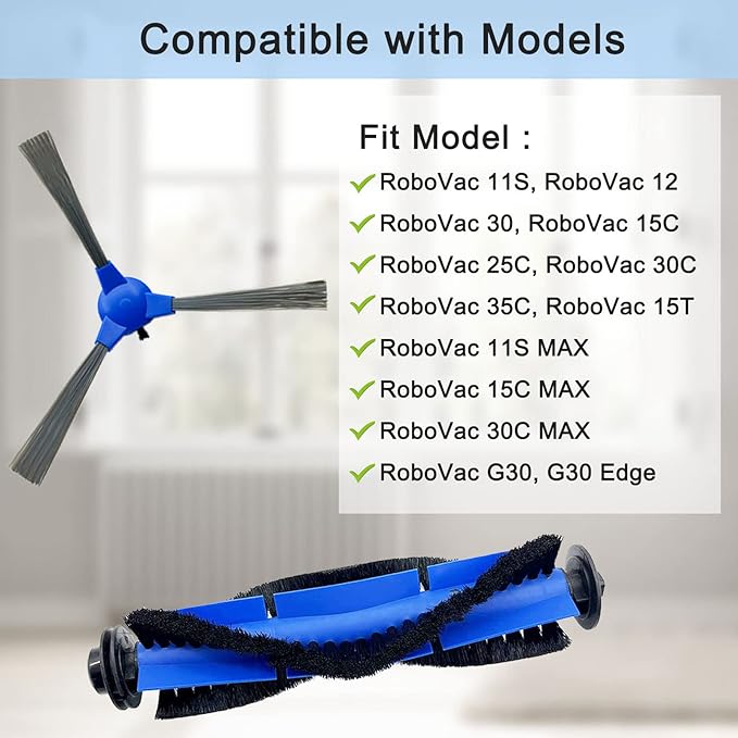 Tivcroxs 10 Pack Replacement Parts - 2 Rolling Brushes, 8 Side Brushes for Eufy RoboVac 11S, 30C, G30, 30, 15T, 15C, 12, 35C, 11S MAX, G30 Edge Robotic Vacuums