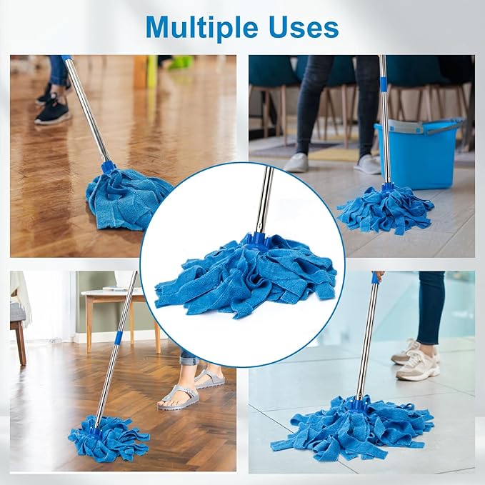 KeFanta Mop, Microfiber Cloth Mops for Floor Cleaning, One Pole with Two Microfiber Cloth Wet Mop Refills, String Mop with 59" Long Handle, Blue (1 Handle & 2 Mop Heads)