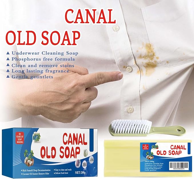 Canal Old Soap with Brush, Grand Old Soap for Stains, Canal Underwear Cleaning Laundry Long Lasting Fragrance Soap Bars, Gentle Not Hurt Hands Removing Old Stains (3PCS)