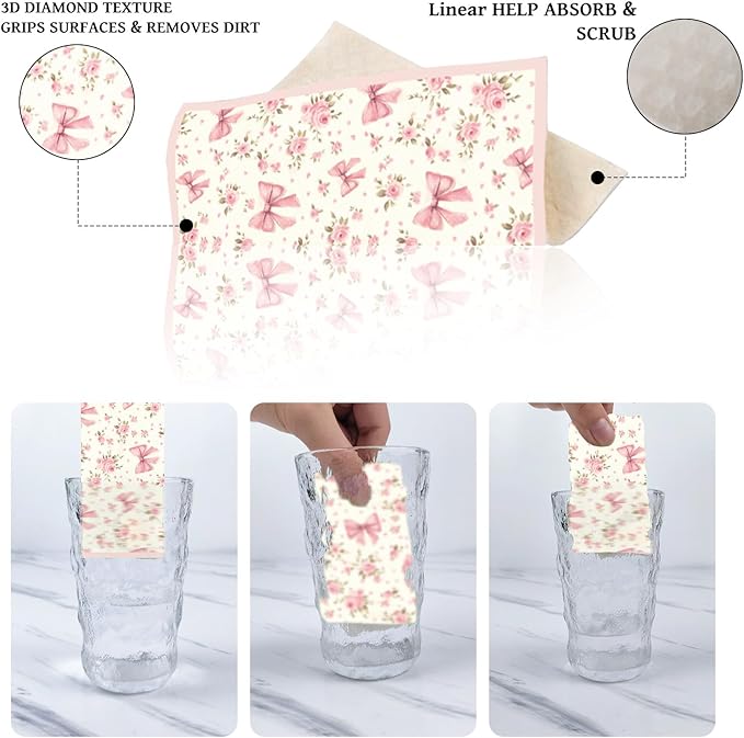 Pink Swedish Dish Cloths for Kitchen, 6 Pack Reusable Coquettte Swedish Dishcloths, Bow Absorbent Sponge Cleaning Dish Cloths for Party Home Cleaning Quick Drying Washable No Odor Hand Towel