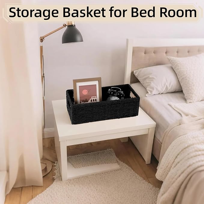 Paper Rope Storage Baskets with Handles, Wicker Storage Basket, Toilet Paper Basket for Toilet Tank Top, Bathroom Toilet Paper Storage Wicker Baskets for Organizing Shelves, 2-Pack, Black