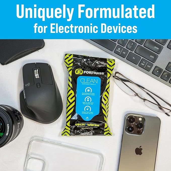 Fortress Electronic Wipes (25 ct, Pack of 12) To-Go Tech Wipes for Screens, Phones, Keyboards, TV Monitors, Computer Screens, and More [Travel Size] Skin-Safe