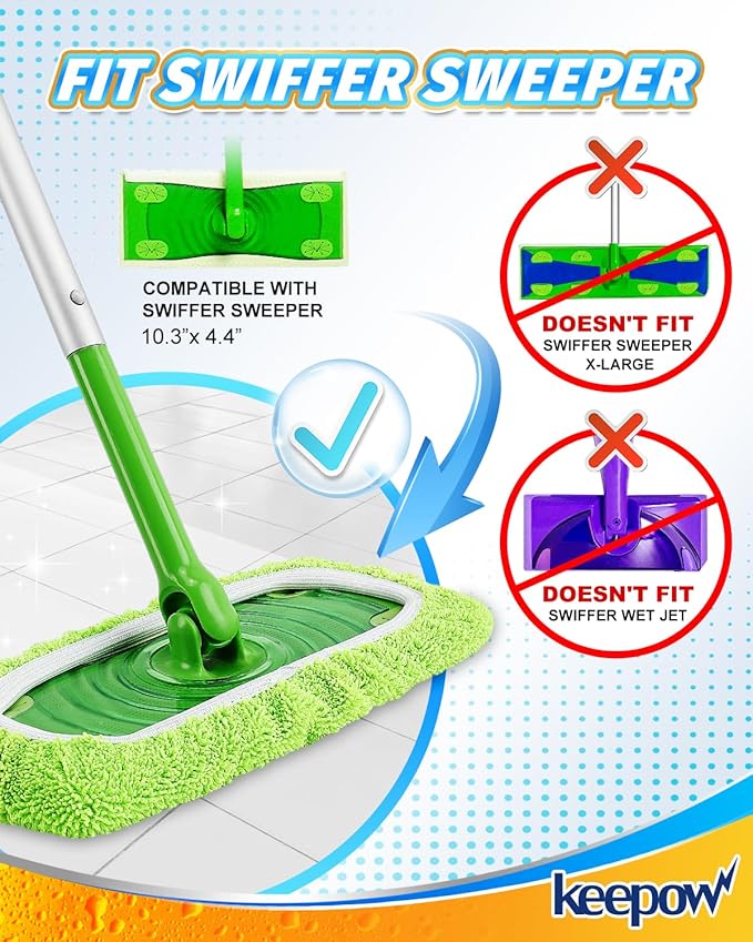 KEEPOW 6Pcs Reusable Microfiber Mop Pads Compatible with Sweeper Mop, Replacement Wet Mopping pad Refills & Washable Dry Sweeping Cloths for Surface/Hardwood Floor Cleaning